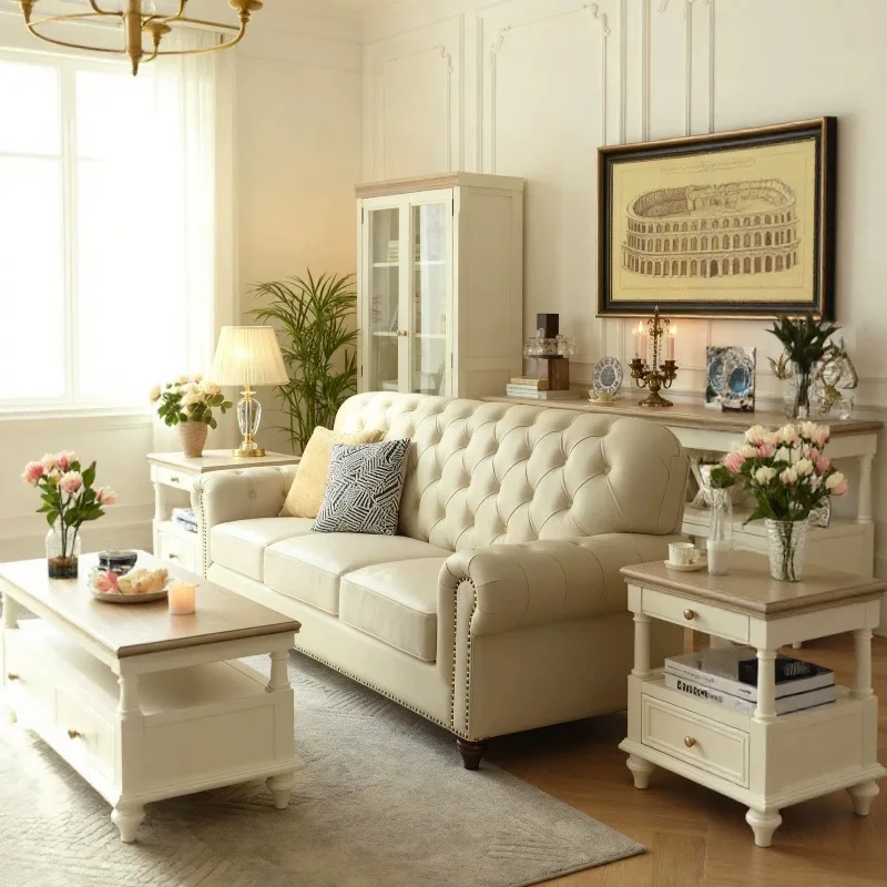 Leather sofa white first layer cowhide three people four people 2.6 meters cream wind straight row living room furniture