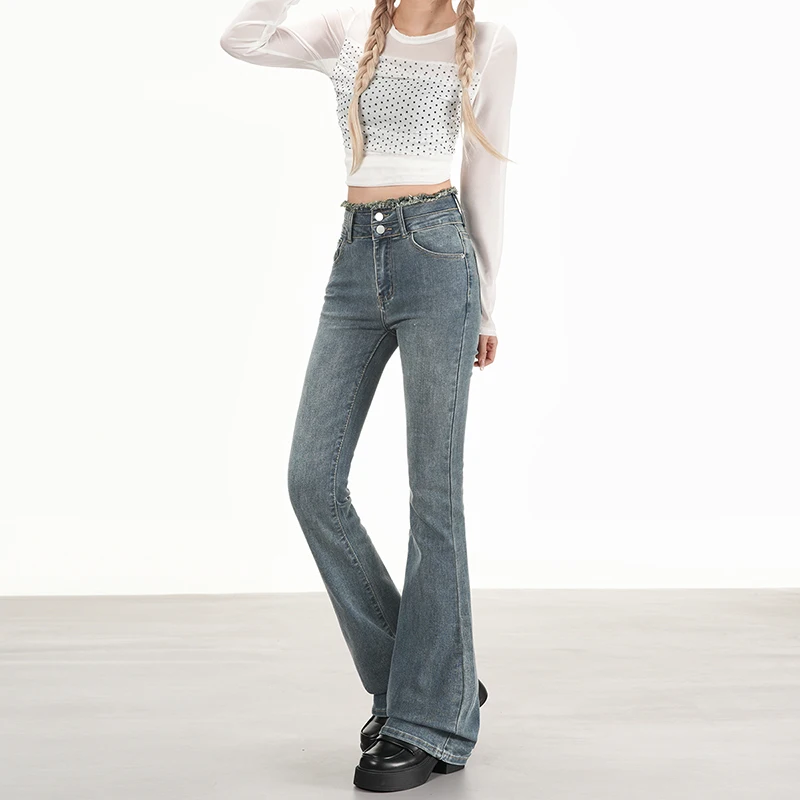 Y2K المتعثرة هيم متوهج الجينز المرأة خمر الدنيم قيعان منحنى الاغراء العصرية السراويل المألوف خمر نمط