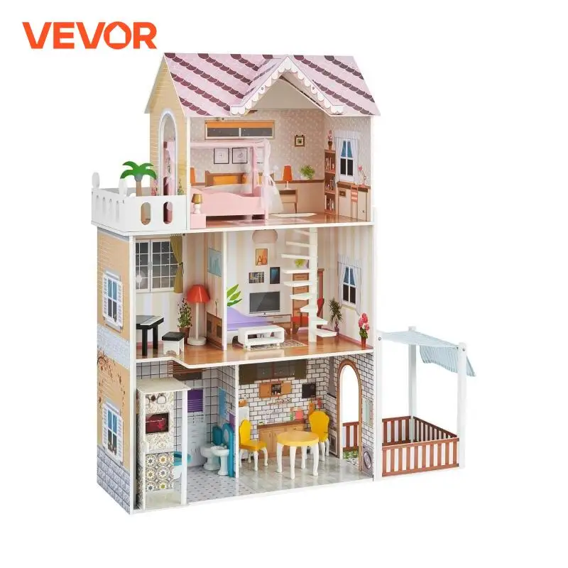 VEVOR Mini Wooden Doll House Model Building Kits Toy Home Kit DIY Pretend Dream House with Furniture for Kids Birthday Gift