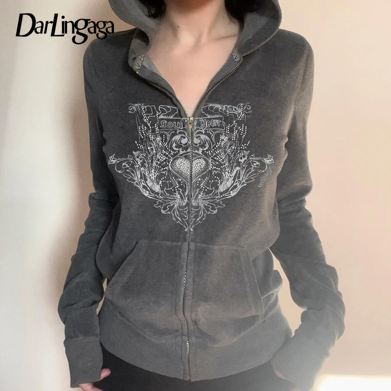 Darlingaga Vintage Graphic Printed Velvet Pockets Jacket Winter Zip-Up Hooded Y2K Gothic Dark Women Coats Outwear Grunge Autumn