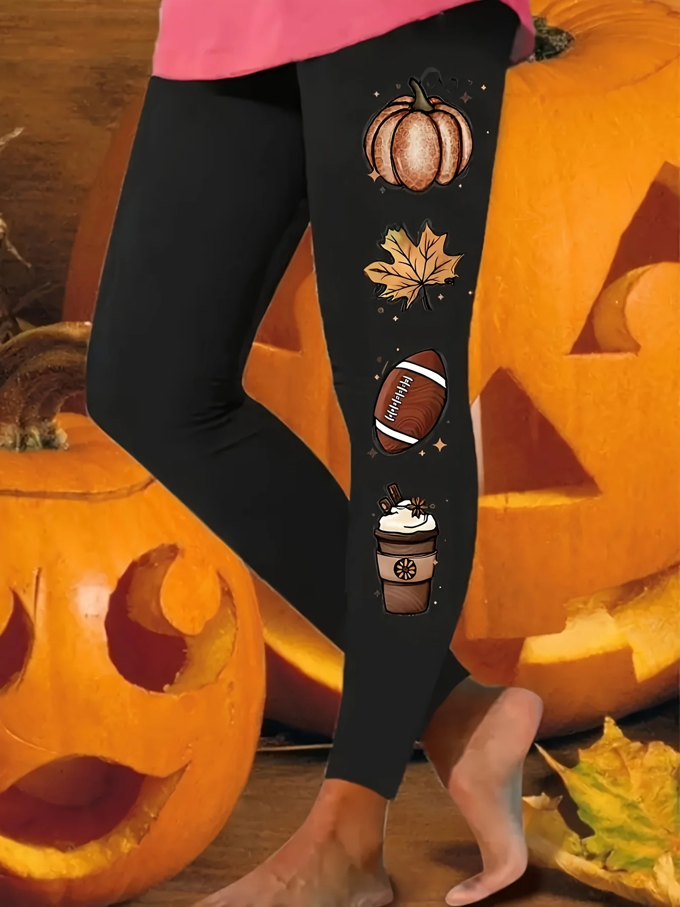 Leggings de cintura media para mujer, forrados de forro polar, con estampado de otoño, calabaza, hoja de arce, rugby y café, ajustados y cálidos.