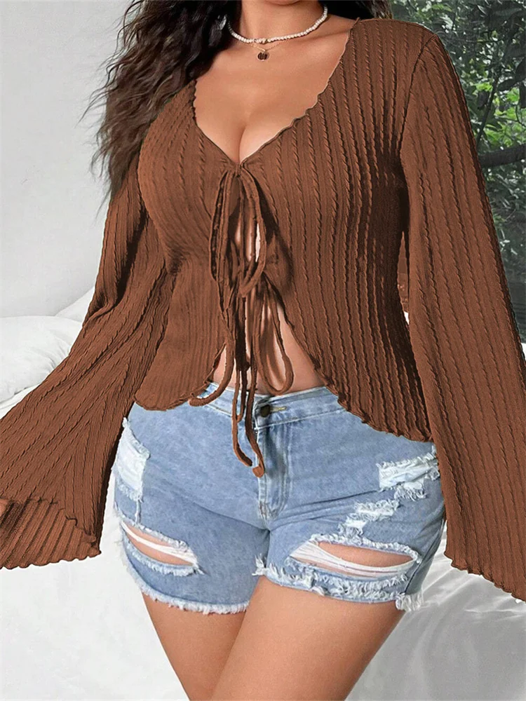 Dourbesty Women Solid Color Shirts Front Split Lace-up V-Neck Long Flare Sleeve Slim Fit Blouses Tops 2024 Spring Fall Clothes