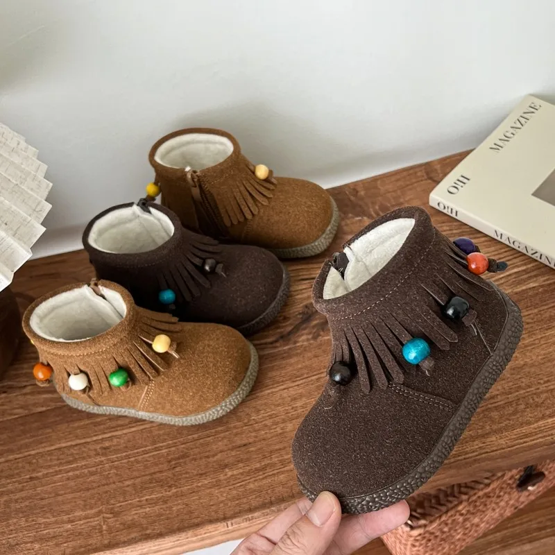 

2025 Winter New Children Princess Short Boots for Girls Fashion Retro Style Soft Bottom Anti-slippery Versatile Keep Warm Shoes