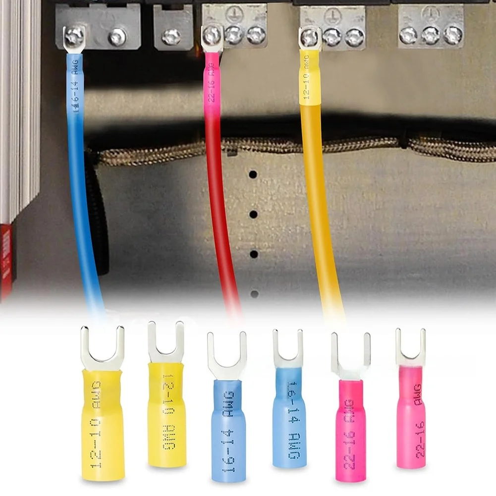Heat Shrink Insulated Fork Terminals 180 Count for Spade Connections Tinned Copper Core Compatible with AWG 22 to 10 Wire Sizes
