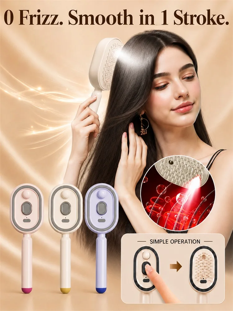 Electric Anti Frizz Hair Brush with Spray, Red Light Therapy & Retractable Teeth  Scalp Massage, Lightweight & Portable,USB-C
