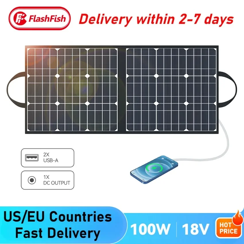 

Folding Solar Panel 100W 18V Outdoor Portable Solar Cells Battery Charger with USB Outputs Power Supply for Camping RV Travel