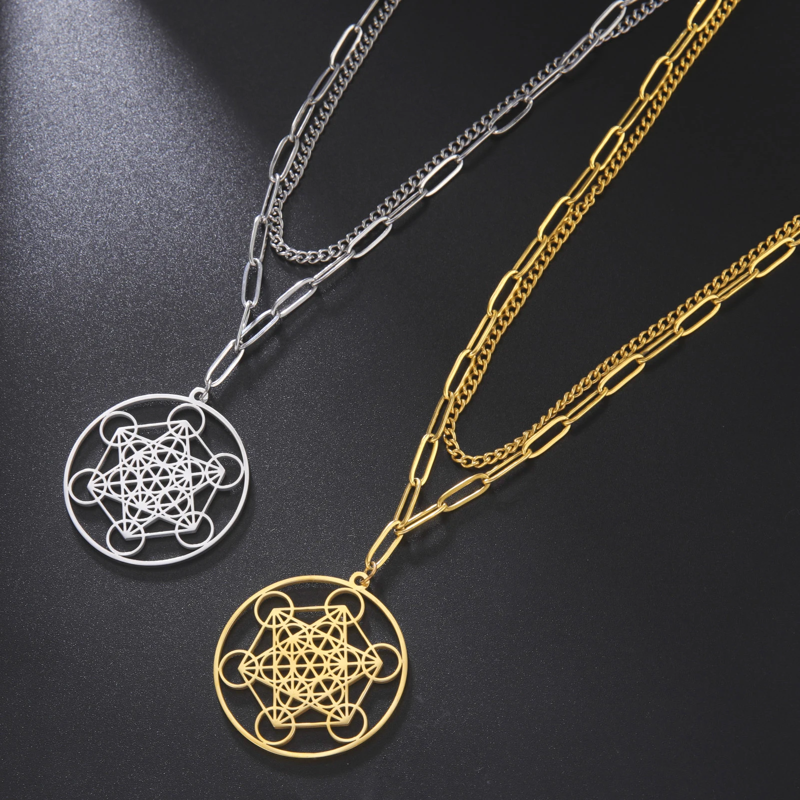 LIKGREAT Angel Seal Archangel Metatron Cube Double Layer Necklace Stainless Steel Sacred Geometry Pendant Amulet Jewelry Gift