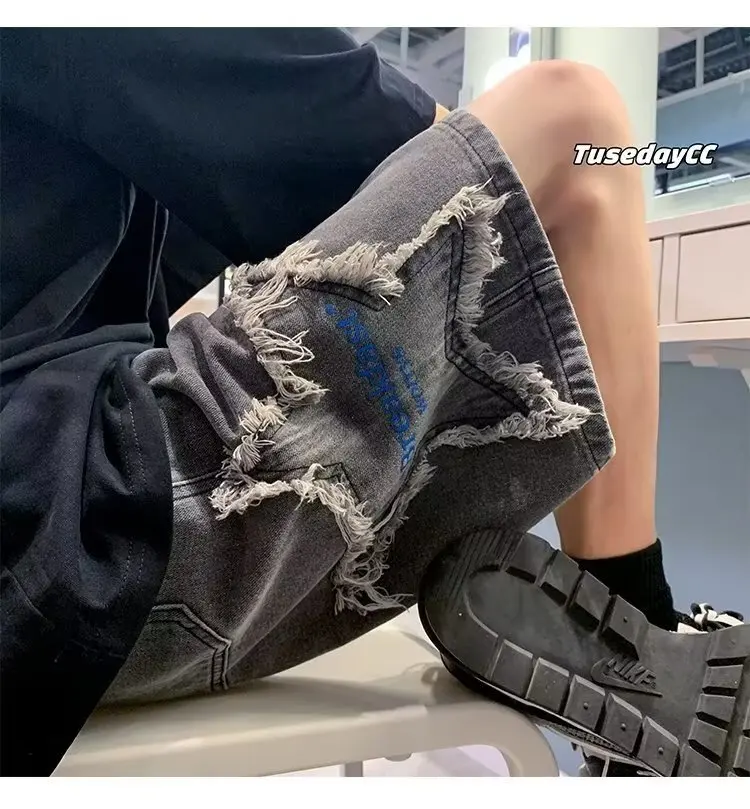 Harajuku الرجال الصيف خمس نجوم فضفاضة مستقيم السراويل الجينز الشباب خمسة أرباع الدينيم السراويل السراويل