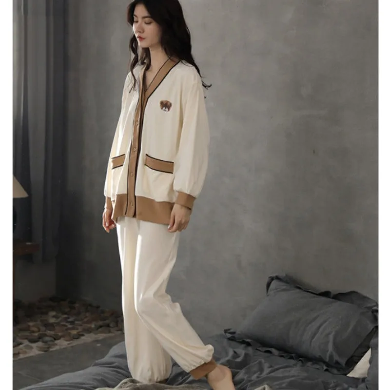 2023 Autumn New Long Sleeved Pajamas Women's V-neck Homewear Simple Loose Sleepwear Spring Autumn Loungewear Two Piece Set