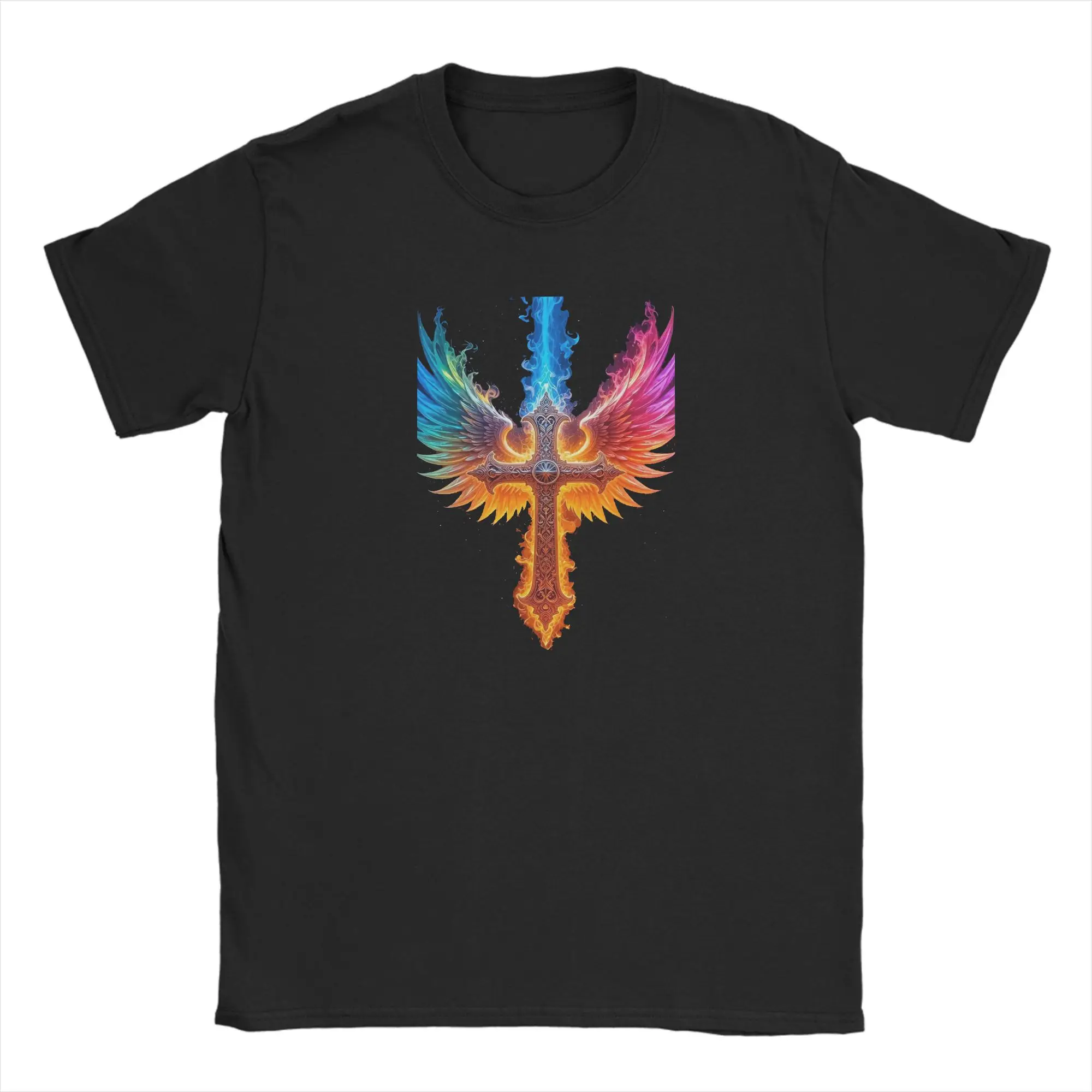 Faith Over Fear Fiery Eagle Wings Ornate Cross T Shirts Men's 100% Cotton T-Shirt O Neck Angel Wings Cross Christian Tee Shirt