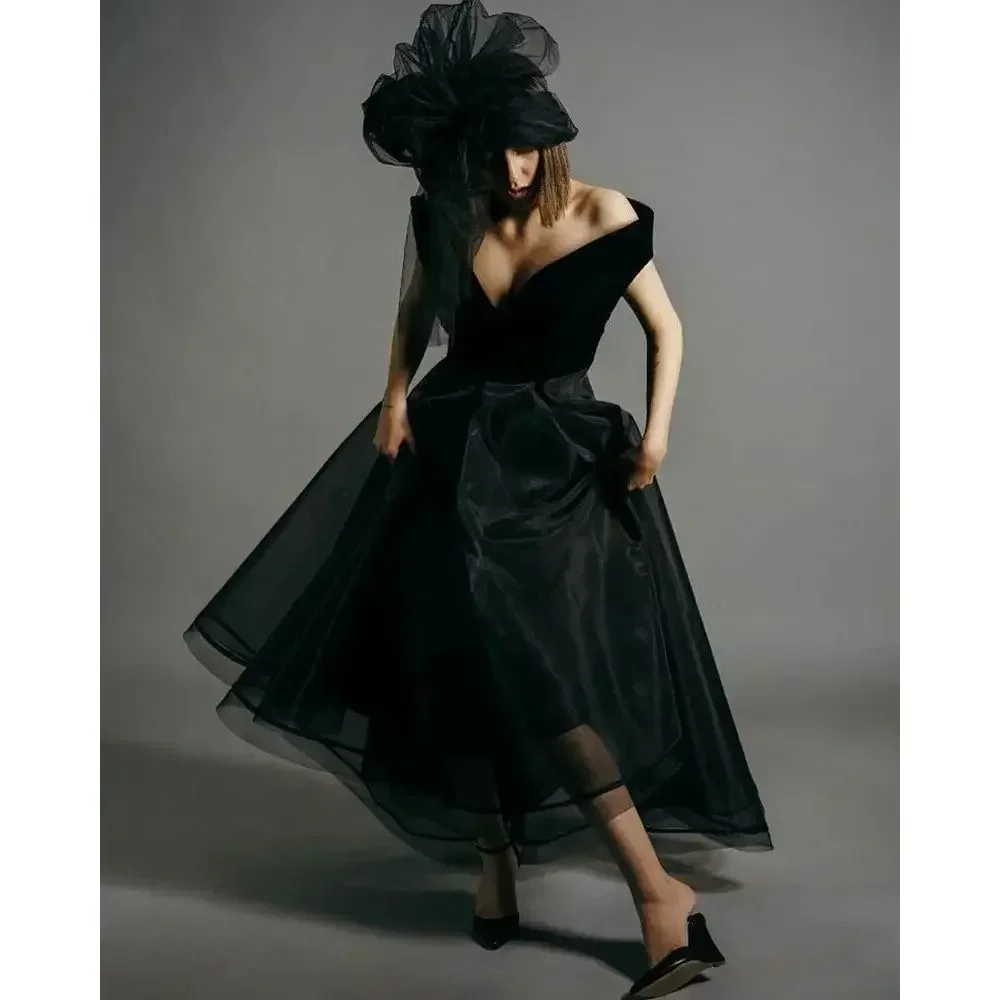 Vestido de noche de terciopelo negro, vestido de fiesta de plumas de una línea, vestido de princesa con bolsillos, nuevo