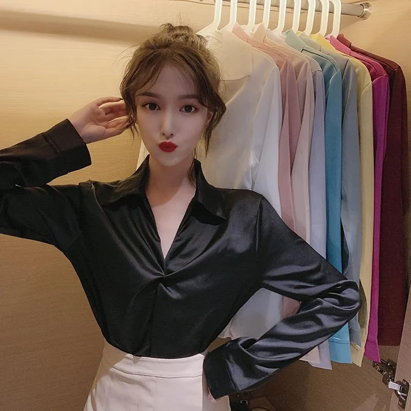 

Стильная элегантная блузка из искусственного шелка с V-образным вырезом и длинными рукавами во французском стиле для женщин, весна-осень