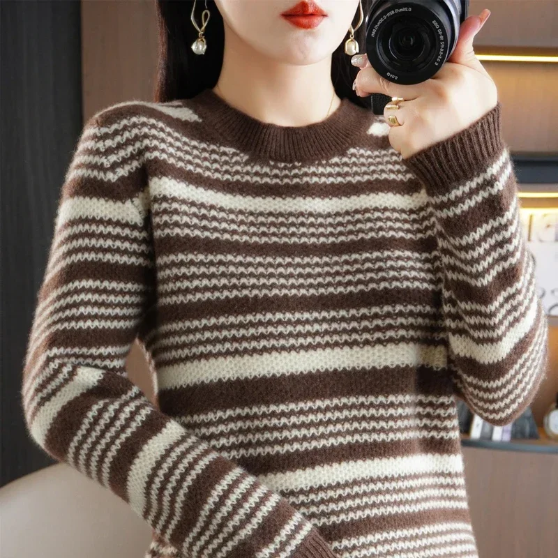 

Пуловер, свитер, женский осенне-зимний полосатый Свободный Топ, свитера для женщин, кашемировый свитер, Топ с длинным рукавом, свитшот, водолазка