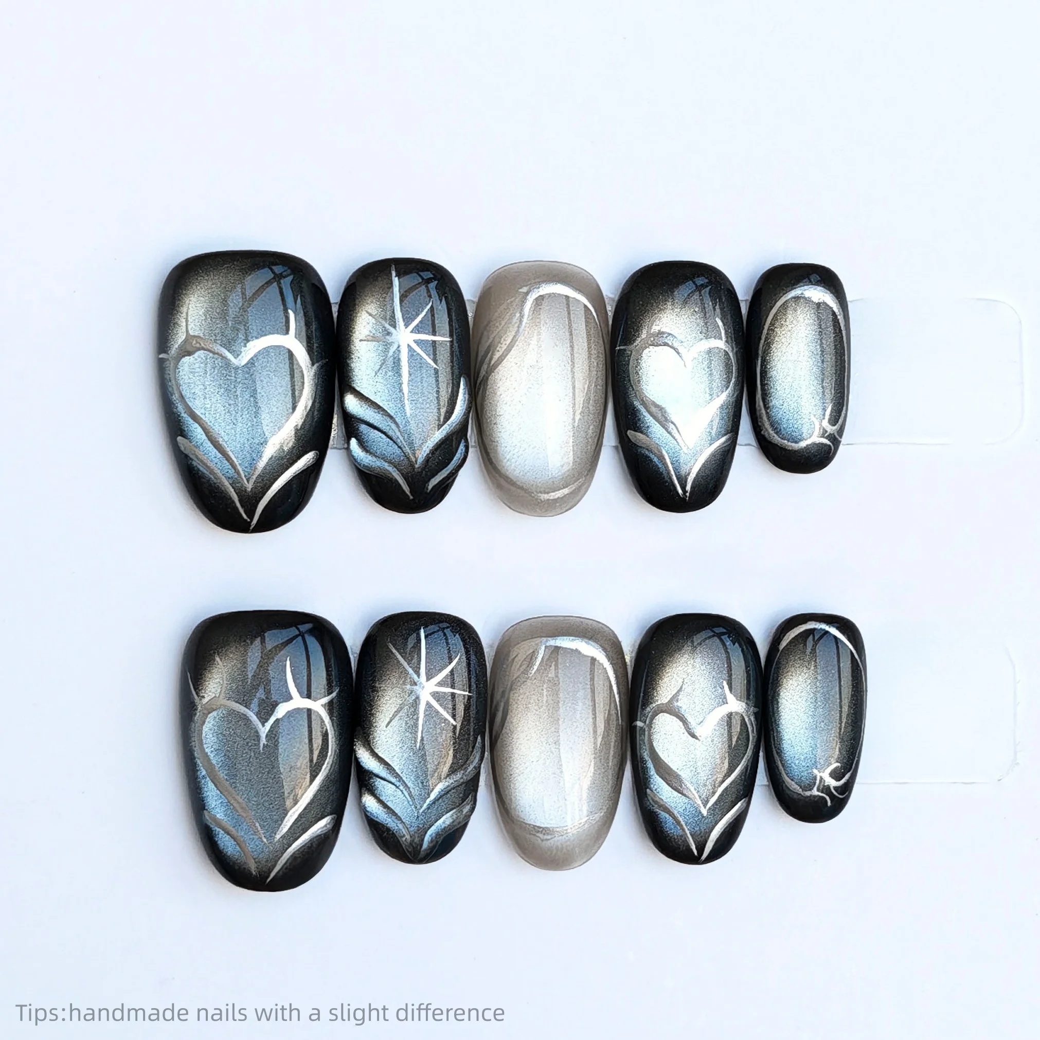 

10pcs Handmade Black Silver Heart Pattern Press on Nails Oval Short Chrome Full Cover Wearable Reusable Elegant False Nails 2026