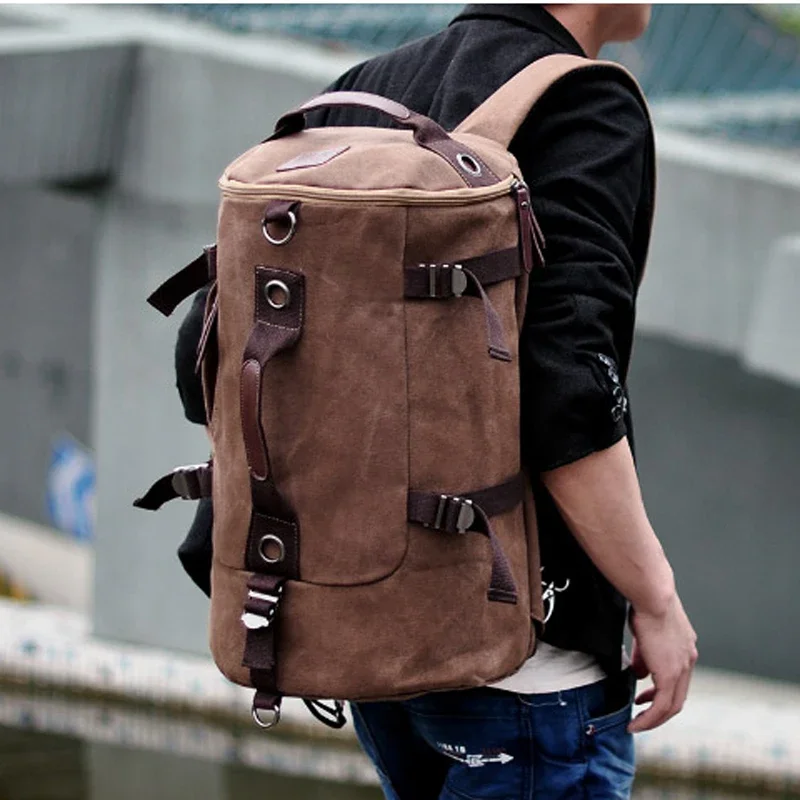 Fashion Men Backpack Men Rucksack Canvas Travel Backpack male Bagpack Travel Bag School bag tote bag Multi-function Brown Black