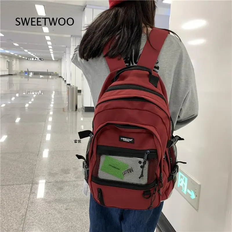 Beige Casual Nylon Backpack Women Mesh Pocket Multi Compartment Large Capacity Student School Travel Bag