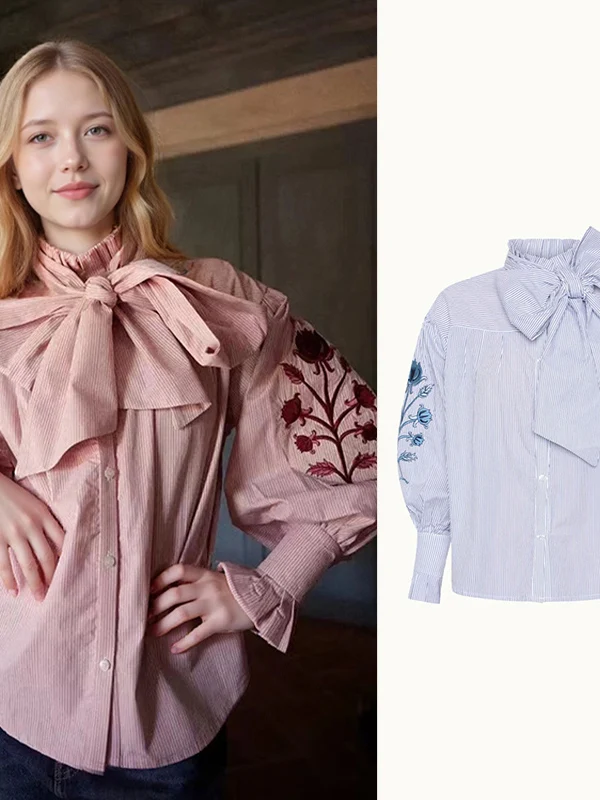 

Romantic Bow Tie Embroidered Bubble Sleeve Ladylike Shirt Striped Print Cotton Casual Loose Fit French Style Spring 2026