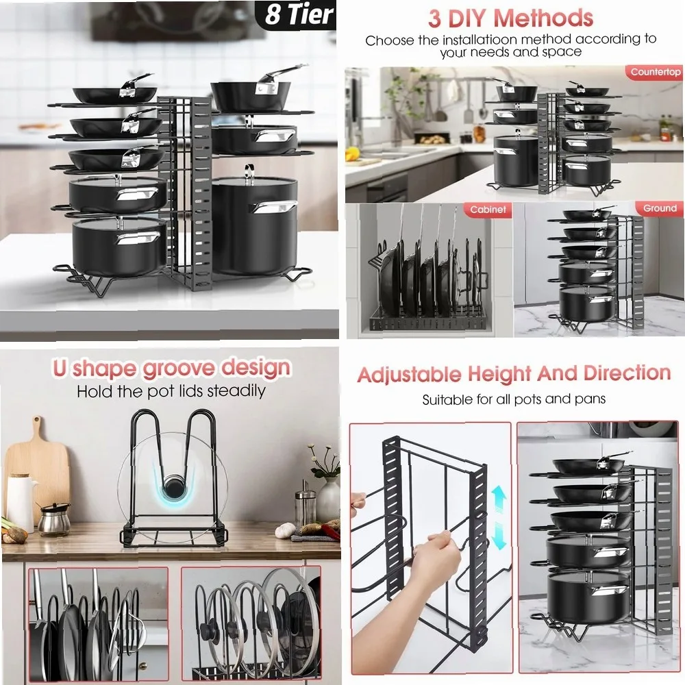 

Pot Rack Organizer, 8 Tier Pots and Pans Organizer for Kitchen Organization & Storage, Adjustable Pot Lid Holders & Pan Rack