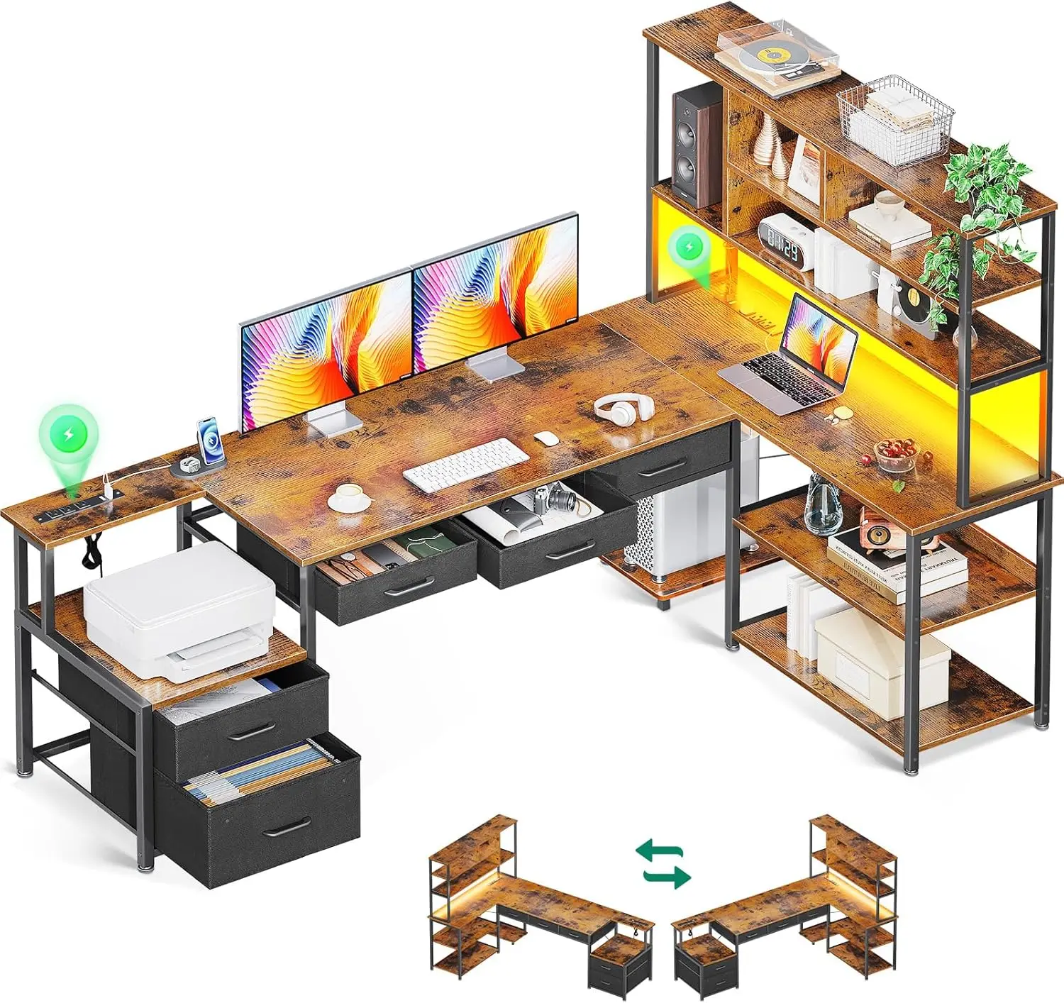 AODK-79 "L Shaped Gaming Desk com gavetas de arquivo, mesa do computador reversível com Power Outlets e luzes LED