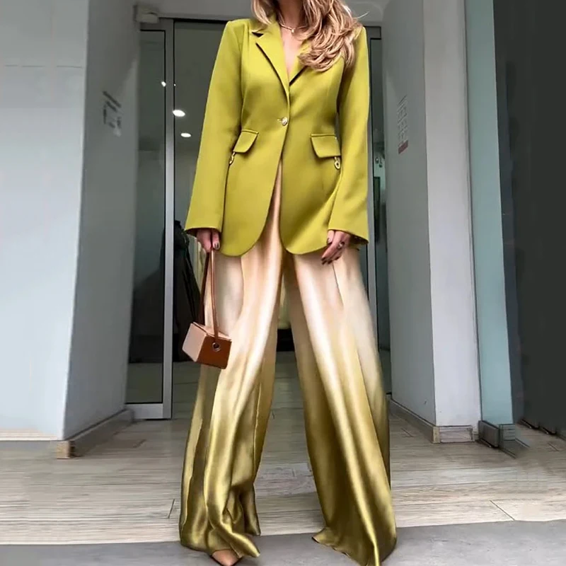 Wefads Autumn Women 2 Piece Set Office Casual Solid Long Sleeve Lapel Single Button Blazer Top Loose Wide Legs Gradient Pant Set