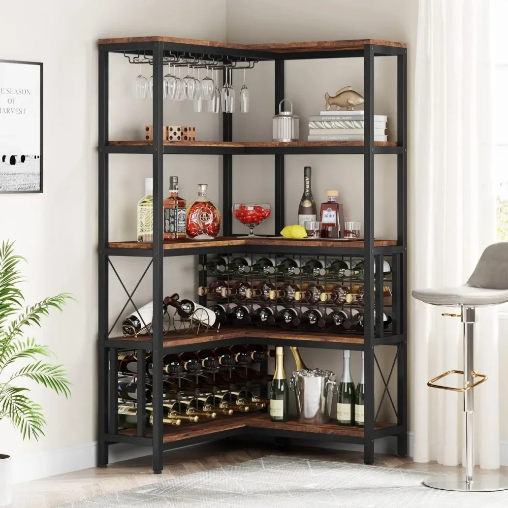 Large Corner Wine Rack, Industrial Floor Bar Cabinet, Liquor e óculos de armazenamento para casa cozinha, marrom rústico, L Shaped, 5 camadas