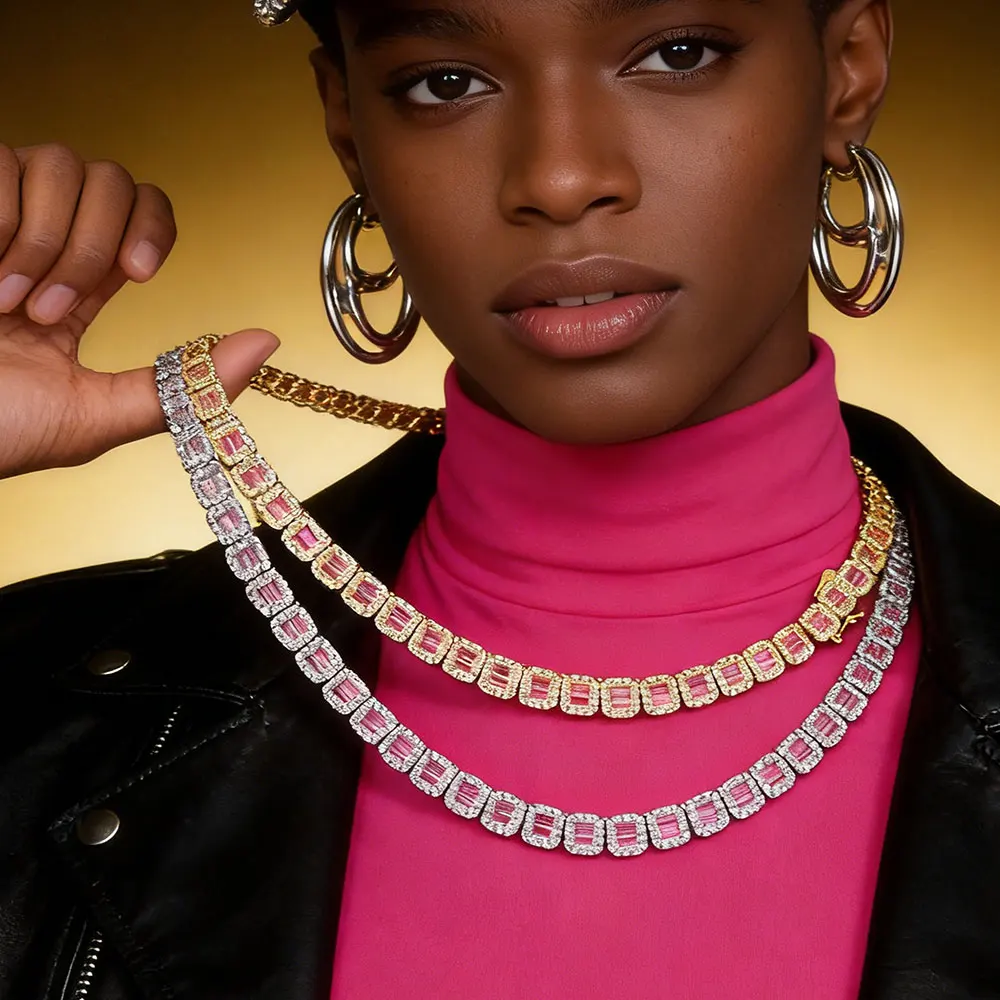 

Теннисные цепочки в стиле хип-хоп с багетными розовыми фианитами 8 мм, новый дизайн, для девушек, подарок на вечеринку