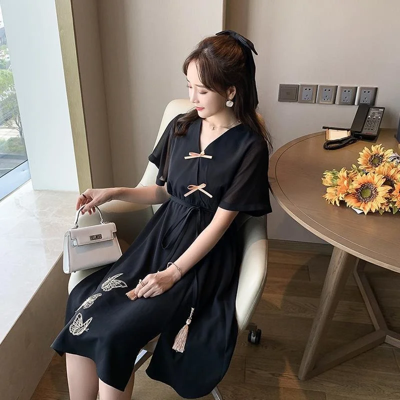 Black Short Sleeve Chinese Style Dress Plus Size Women\'s 2023 Summer Elegant Embroidery Qipao Vestido Chiffon Dress Cheongsam