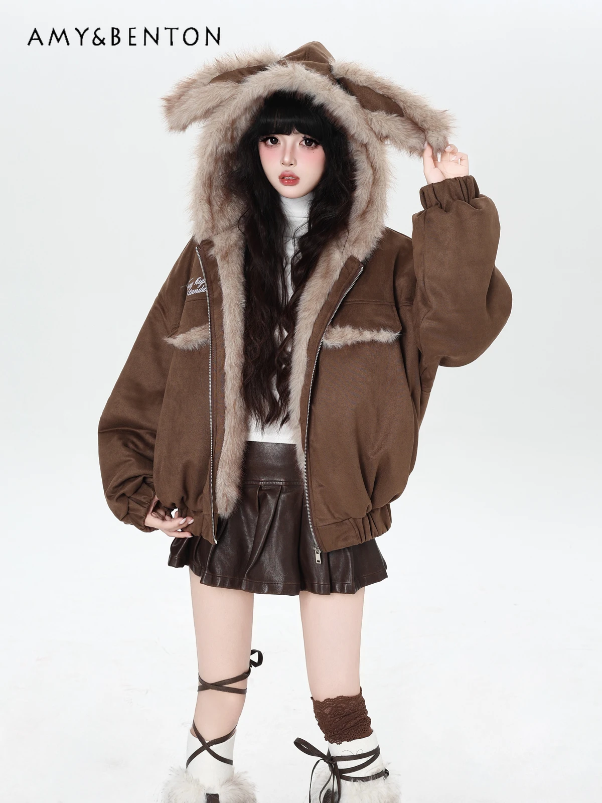 

Harajuku Style Cute Short-Eared Rabbit Plush Hooded Loose Casual Short Padded Suede Cotton Jacket Winter New Thickened Goth Coat