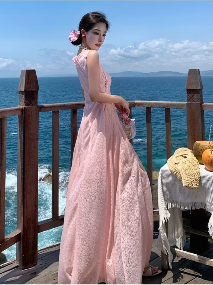 SMTHMA 새 여름 우아한 세련된 핑크 레이스 드레스 여성 한국어 레트로 Vestidos 패션 민소매 오-넥 비치 파티 롱 드레스