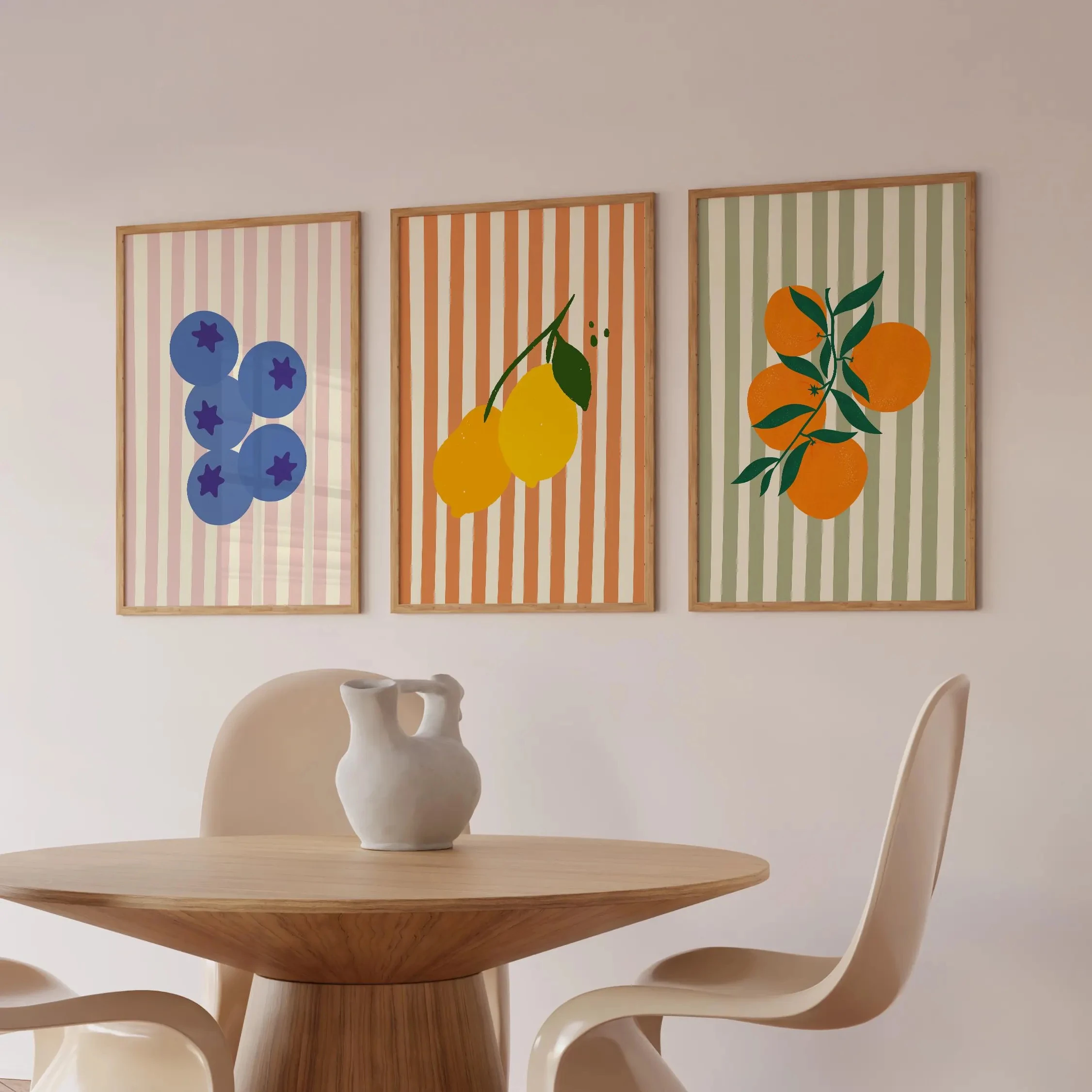 3pcs Spring Pastoral Fruit Main Image Set Canvas Art Striped Kitchen Blueberry Lemon Orange Frameless Poster Kitchen Home Decor