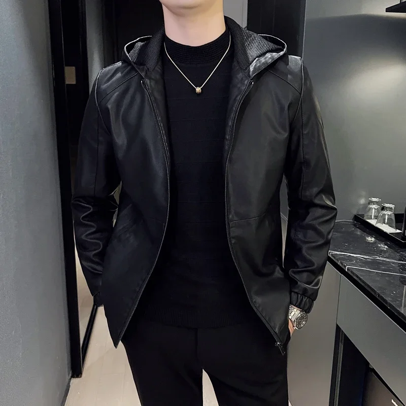 

Male Business Office Hooded Party Pu Blazer Spring Autumn Fashion Jacket Outerwear Men High Quality Slim Fit Casual Leather Coat