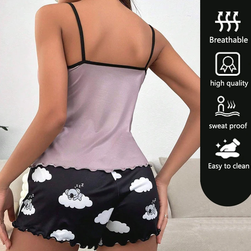 2pcs/set Women Pajamas Camisole Thin Loose Plus Size Lace Inner Shorts Vest lady Casual Fashion Soft sports suspenders homewear