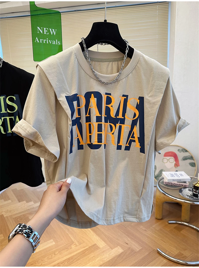 Women Cotton Cropped T‑Shirt Vintage PARIS ROMA Letter Print O Neck Short Sleeve Tops Casual Streetwear Female Daily Tees 338