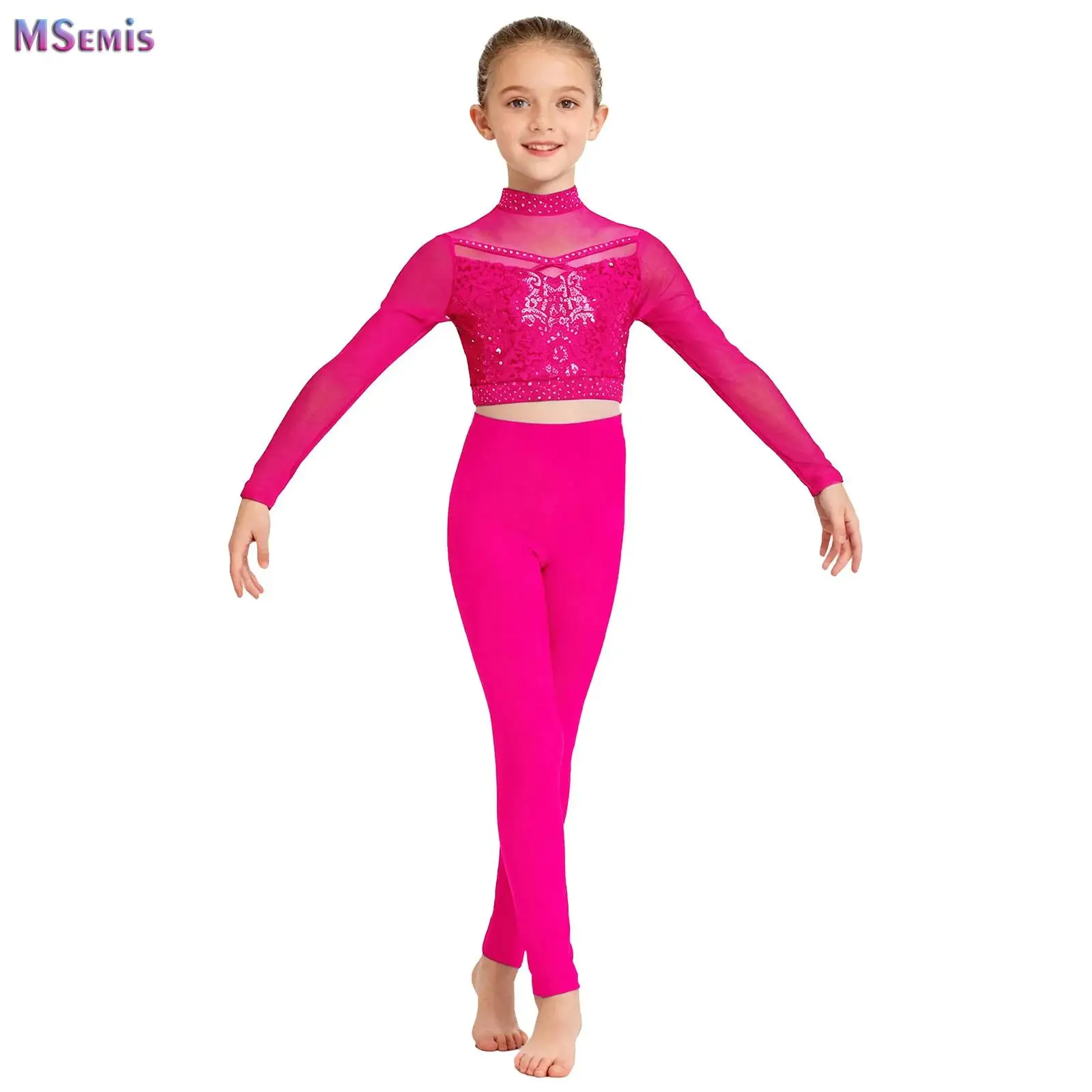 

Girls Ballet Dance Suit Gymnastics Outfit Figure Skating Acrobatics Performance Costume Sequins Crop Top+Leggings Sportswear Set