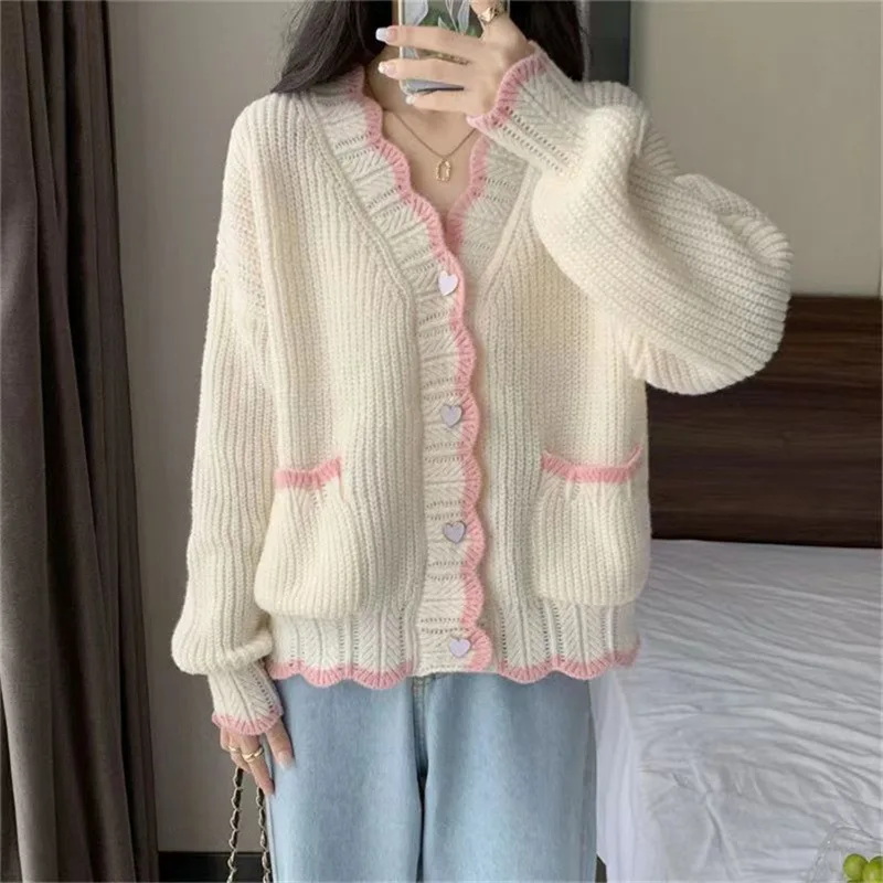 Sweet V-neck Heart-shaped Button Knitted Cardigan Sweater Loose-fit Top For Women Autumn New Style Soft Supple E2482