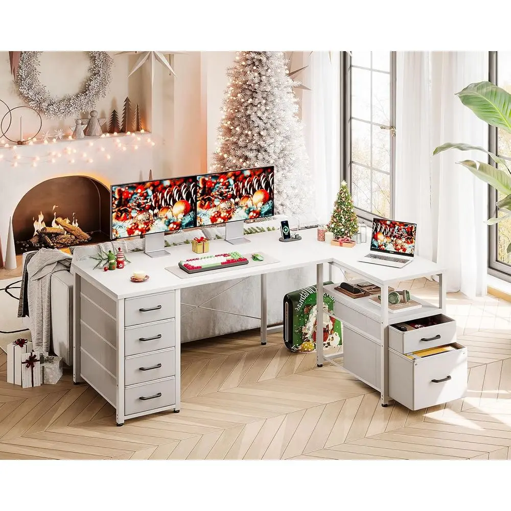 مكتب مكتب منزلي أبيض 55 على شكل حرف L مع 6 أدراج ورف قابل للعكس ومخرج طاقة