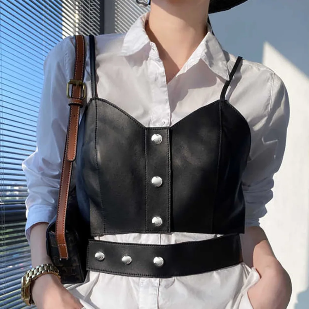 

Women's Corset Sexy Black Genuine Leather Short Crop Top Spring Summer Fashion Lady Real Lambskin Strap Camis