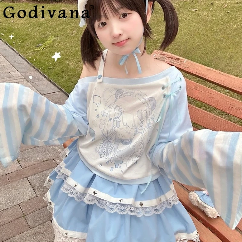 

Original Japanese Girls Anime Print Skew Collar Off-Shoulder Long Sleeve Tops Y2k Loose T-Shirts Kawaii Clothes Autumn New