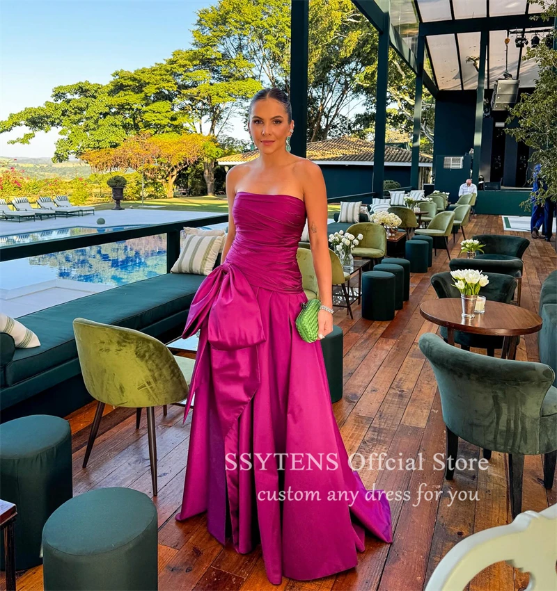 SSYTENS Fuschia Stain Prom Gowns Strapless Big Bow Floor Length Wedding Guest Occasions Party Dresses Sleeveless Evening Dress