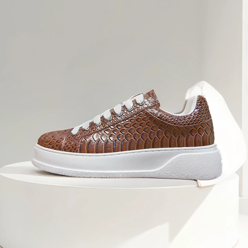 للجنسين البني منصة أحذية رياضية الرجال التمساح نمط الدانتيل متابعة جلد البقر جولة تو منخفضة أعلى حذاء كاجوال لوكس حذاء مسطح اليدوية #2
