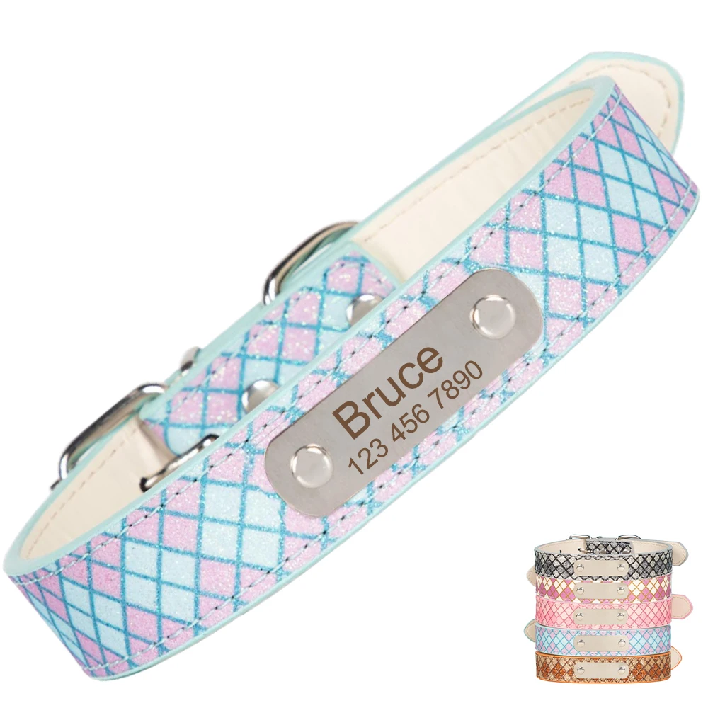 

Personalized Dog ID Collar with Metal Nameplate Custom Adjustable Glitter Artificial Leather Collar for Small Medium Large Dogs