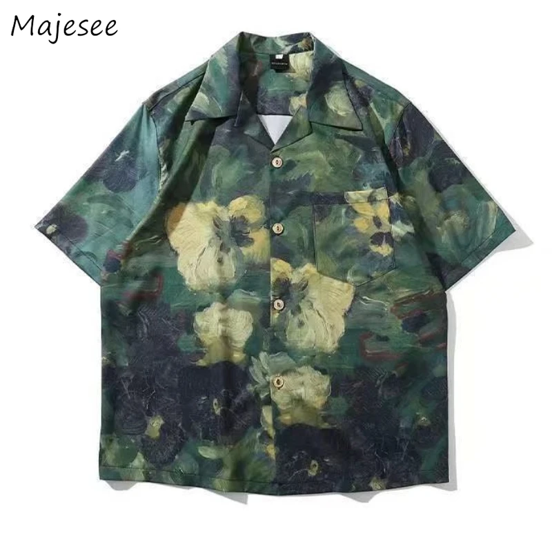 

Men Floral Shirts Loose Fit Casual Vintage Korean Fashion Beach Style Chic Casual Short-sleeved Summer Turn-down Collar Tops