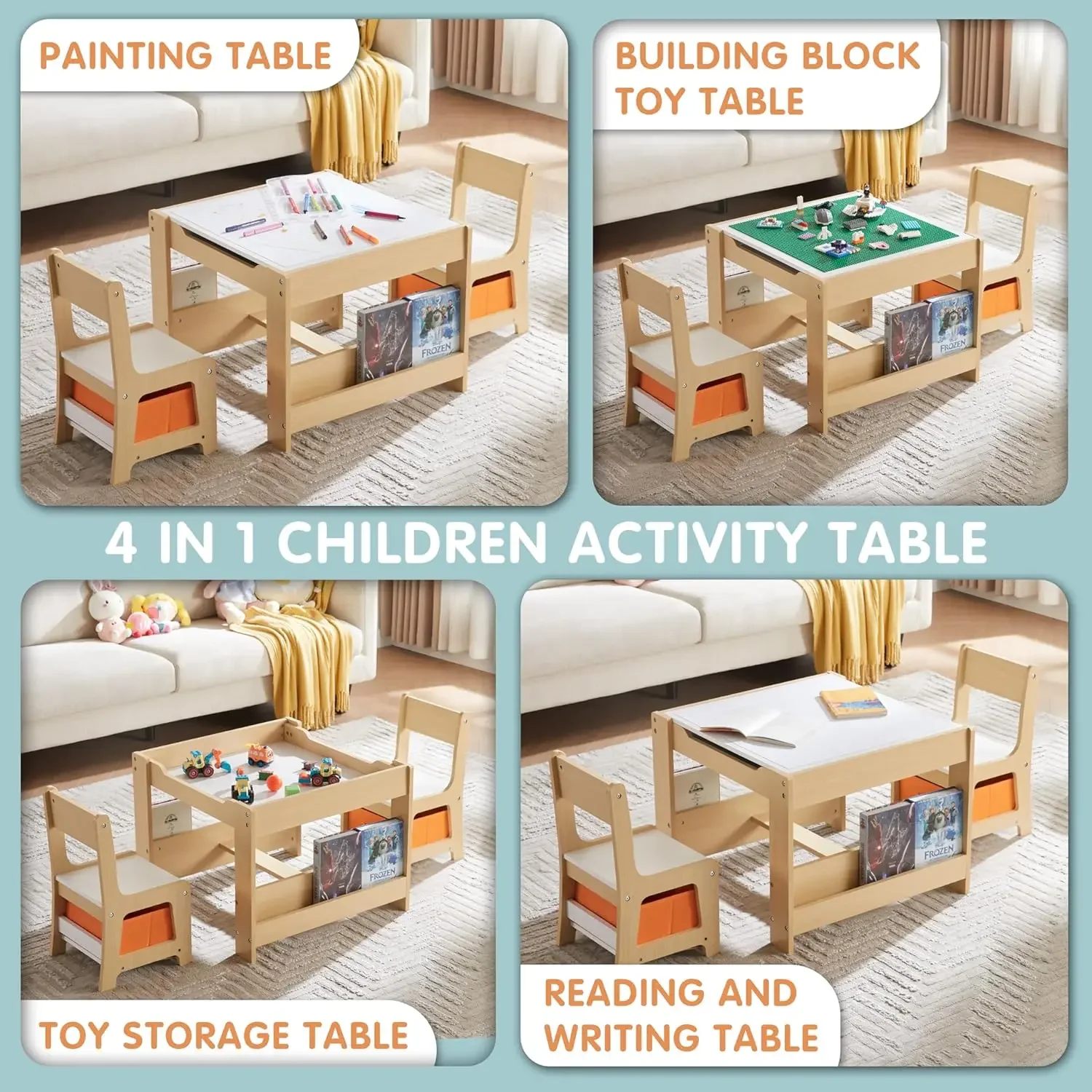 Table and Chair Set, 3 in 1 Wooden Activity Table with Bookshelves and Storage Drawer, 2 in 1 Detachable Tabletop Construct