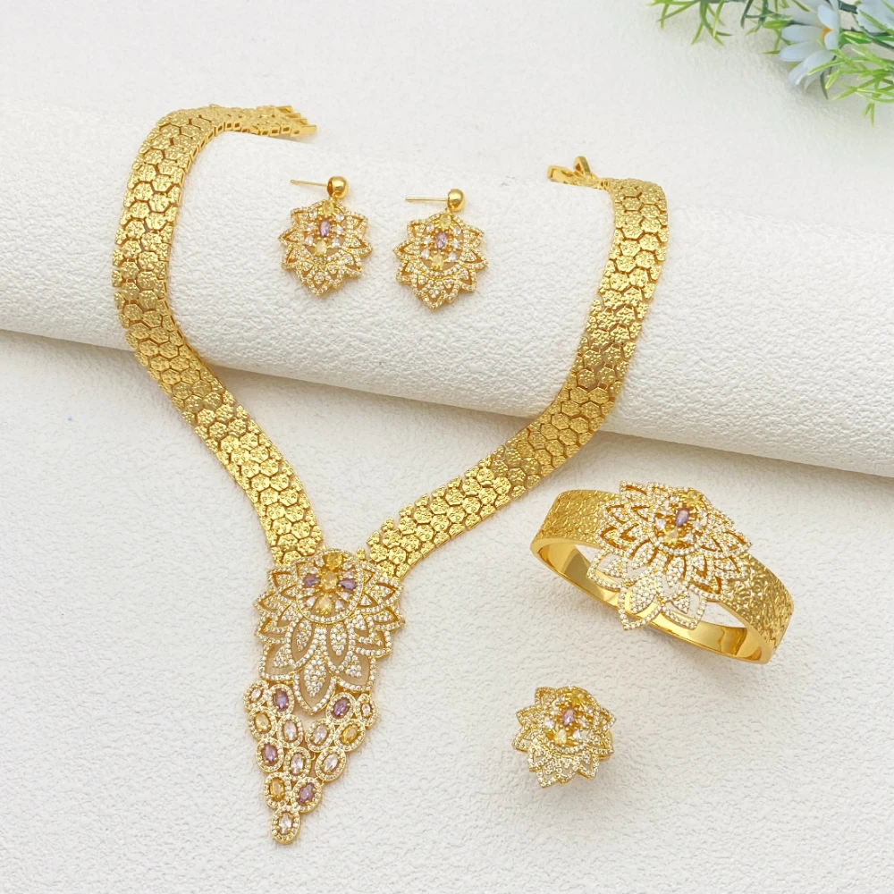 JRH Gift High-End Gold-Plated Copper Zircon Bracelet Ring Necklace Earrings Set Light Luxury Simulation Jewelry for Wedding Wear