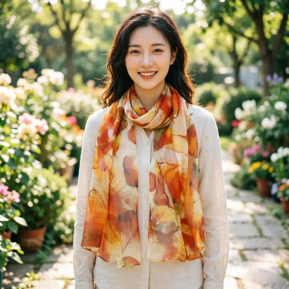 

Artistic Watercolor Leaf Scarf – Lightweight Chiffon Shawl for Women, 160cm Long, Ideal for Beach Cover-Up Office or Evening El