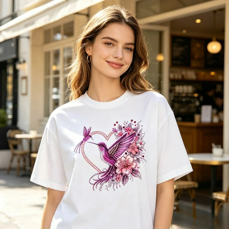 Hummingbird Heart Flower Print T-Shirt 100% Cotton Sparkle Rhinestone Animal Graphic Tee Casual Streetwear for Women
