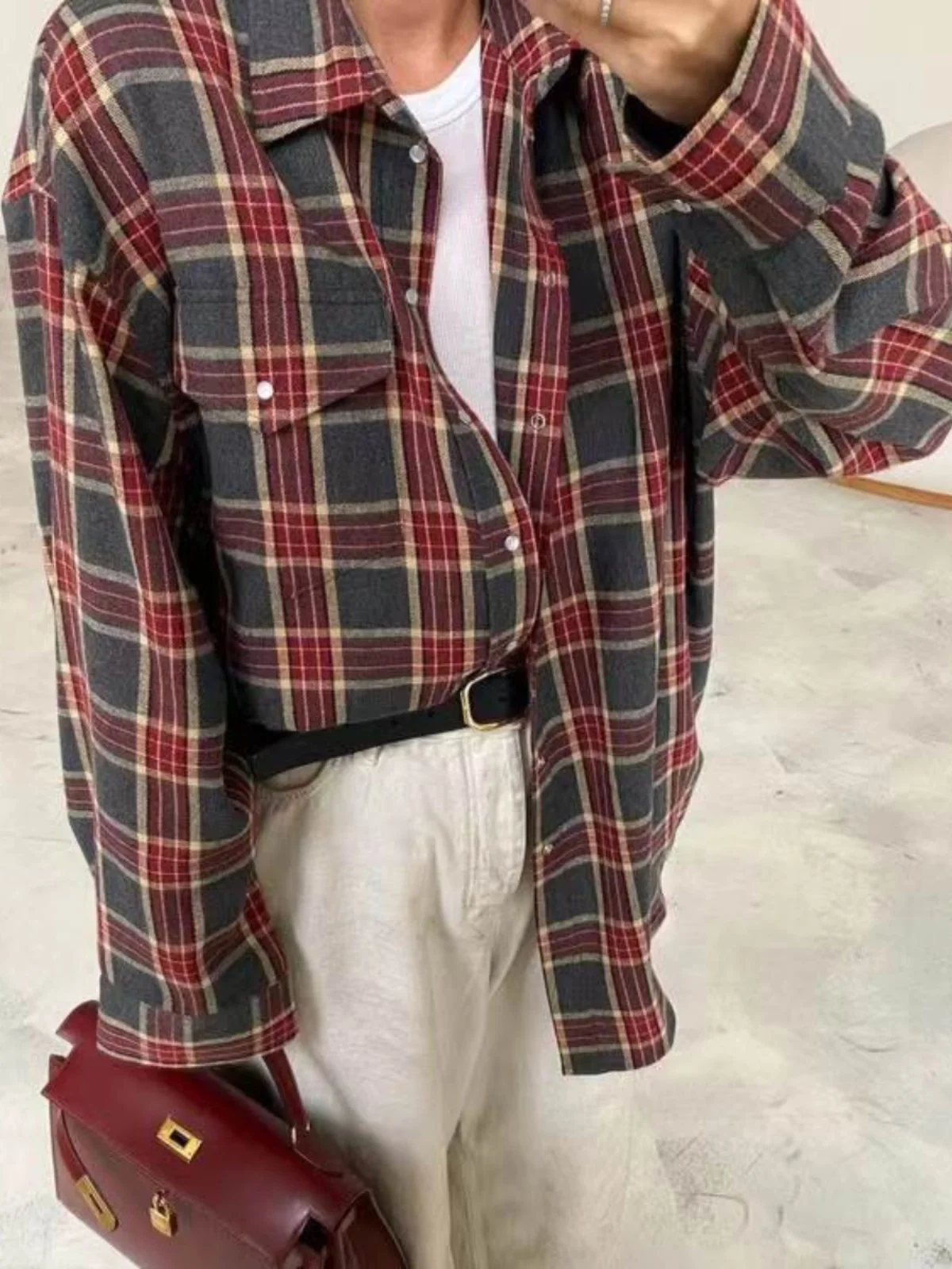 

Trendy Vintage Loose Fit Checkered Shirt Versatile Long Sleeve Women's Button up Shirt Casual Fashionable Plaid Top