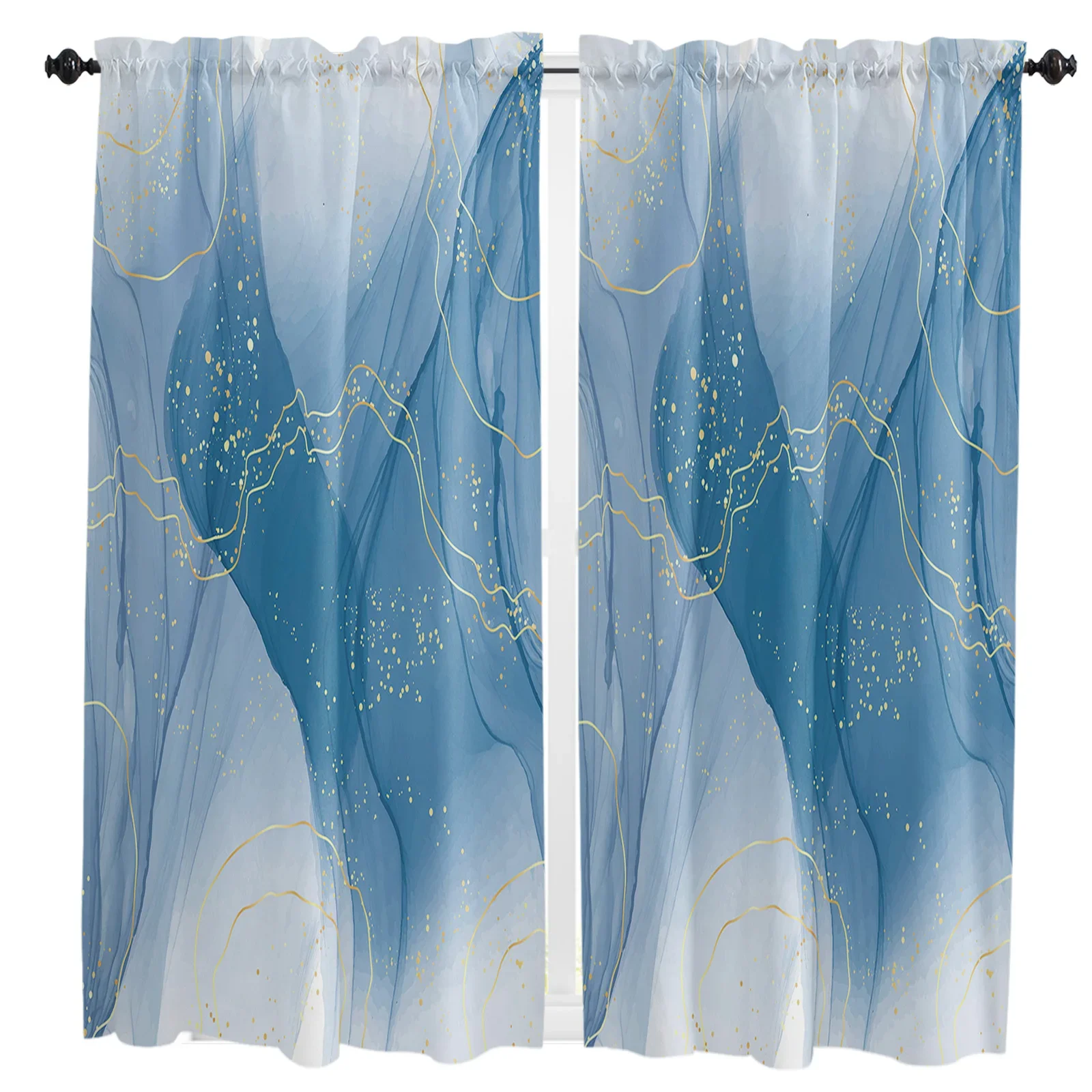 Marble Line Gold Gradient Overlap Blue Curtain Home Decoration Living Room Short Curtains Window Treatments For Kitchen Bedroom