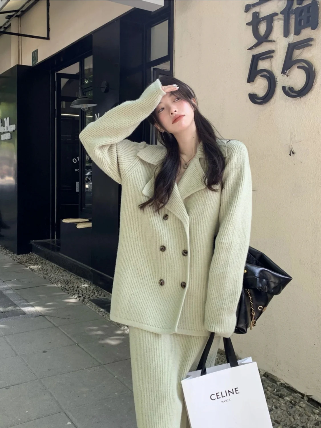 2024 Green Sweet Trendy Set for Women Autumn/Winter Retro Double Breasted Knitted Coat High Waist Split Half Skirt Two-piece Set