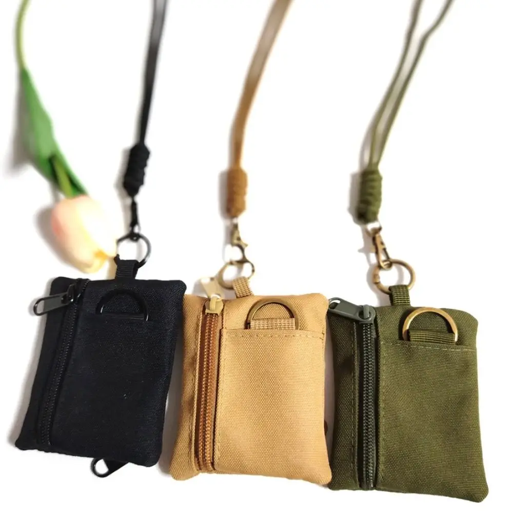 Portable Square Hanging Neck Coin Purse Casual Zipper Oxford Cloth Mini Wallet with Lanyard Nylon Small Card Holder Men